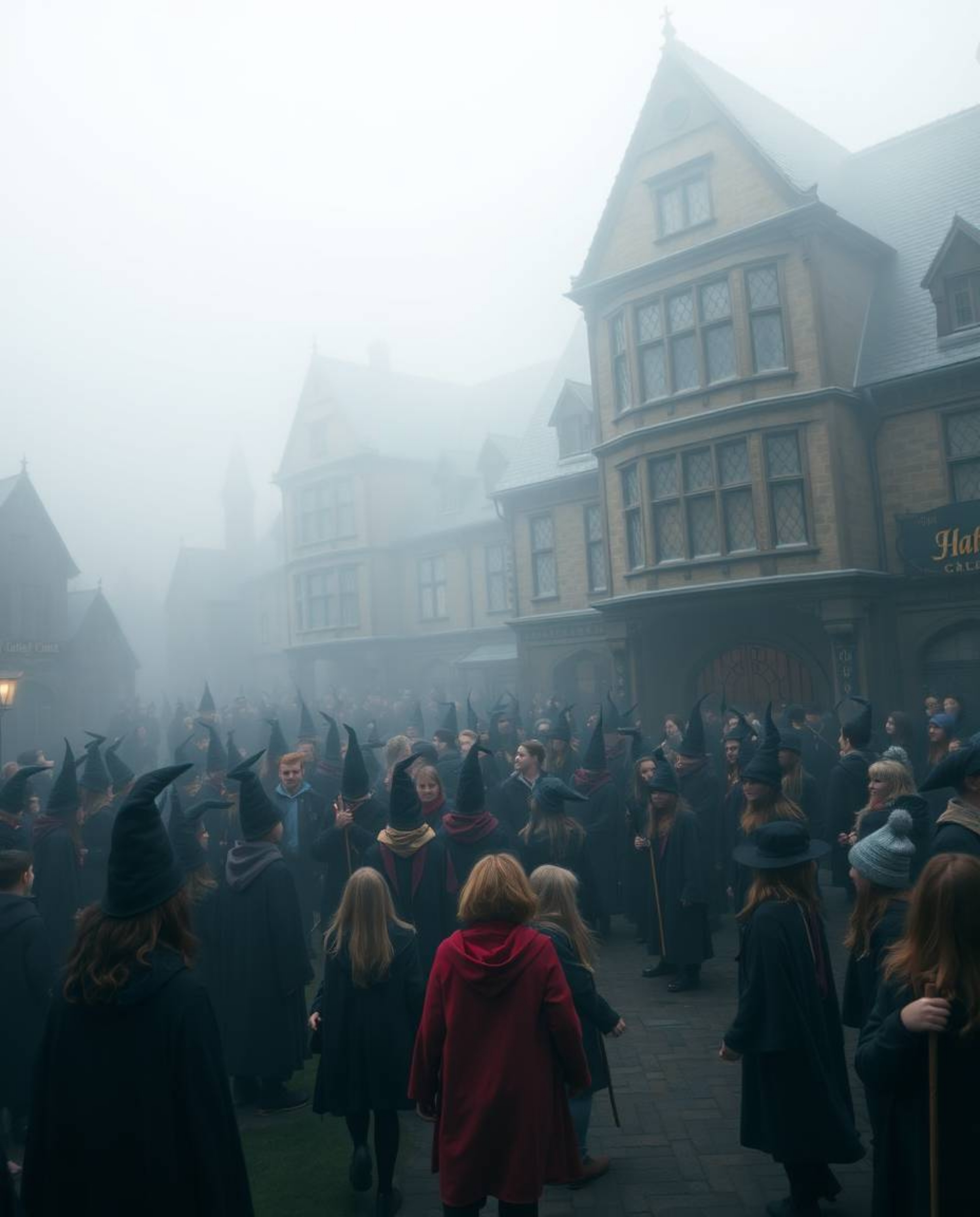 Immerse yourself in a distinct split-screen image showcasing a magical school teeming with young wizards. The setting is enve