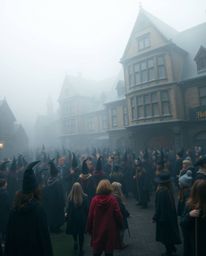 Immerse yourself in a distinct split-screen image showcasing a magical school teeming with young wizards. The setting is enve