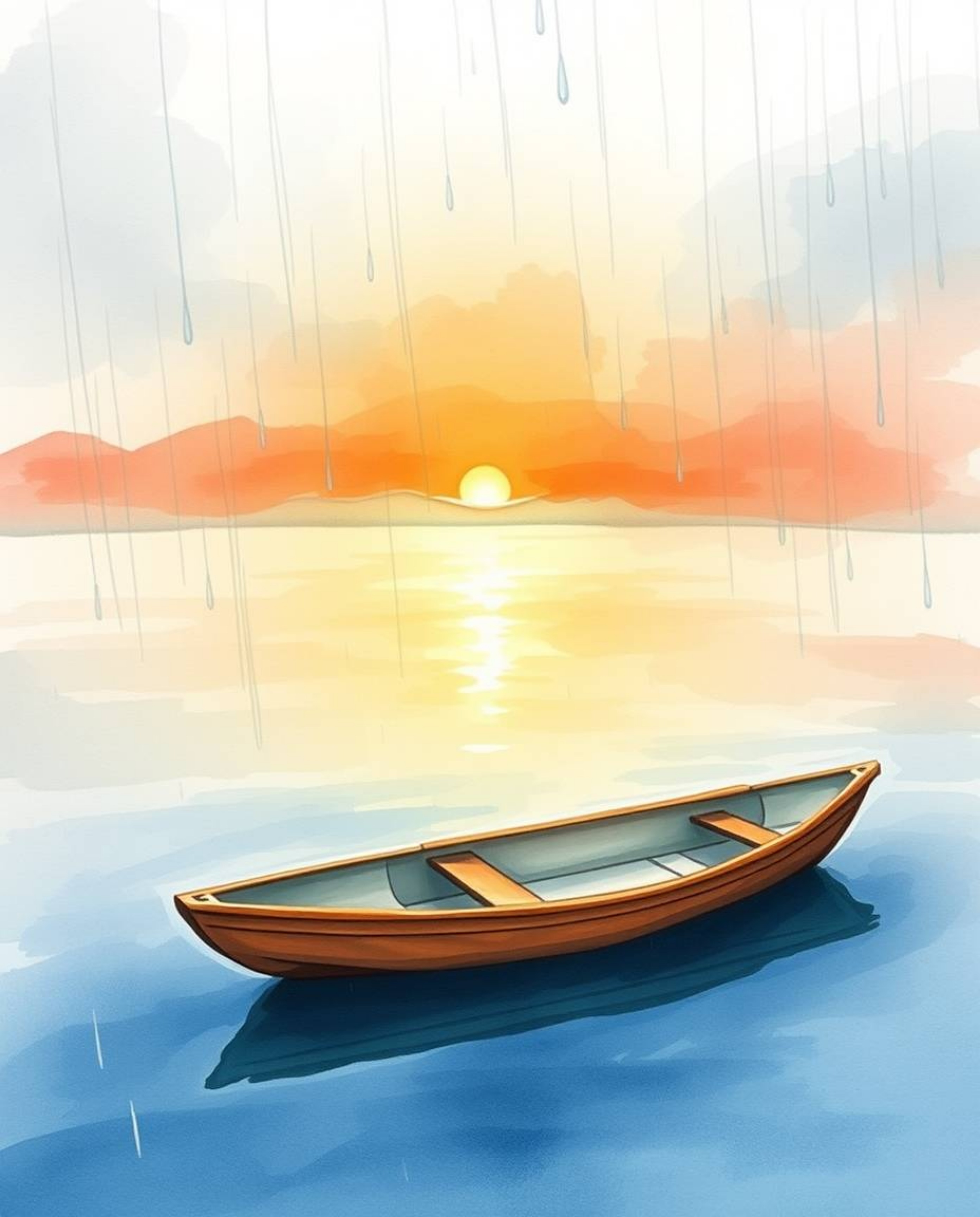 A boat drifts peacefully on a lake at sunset, depicted in a delicate watercolor painting, utilizing translucent washes and fl