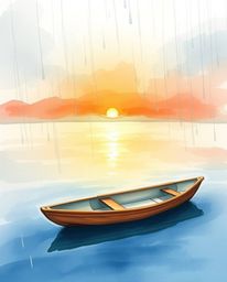 A boat drifts peacefully on a lake at sunset, depicted in a delicate watercolor painting, utilizing translucent washes and fl