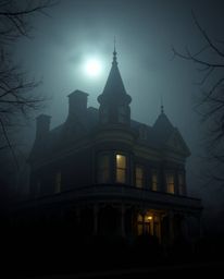 A captivating architectural color photograph showcasing a fog-covered Victorian mansion bathed in soft moonlight. The image f