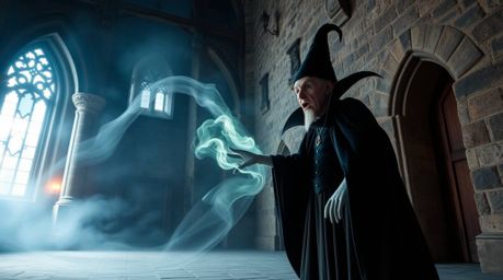 A captivating long-exposure photograph showcases a classic Disney villain casting a spell within the walls of an ancient cast
