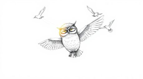 A captivating hand-drawn pencil sketch, rendered in a Pixar-inspired style, depicts a blind owl imparting wisdom to birds in 