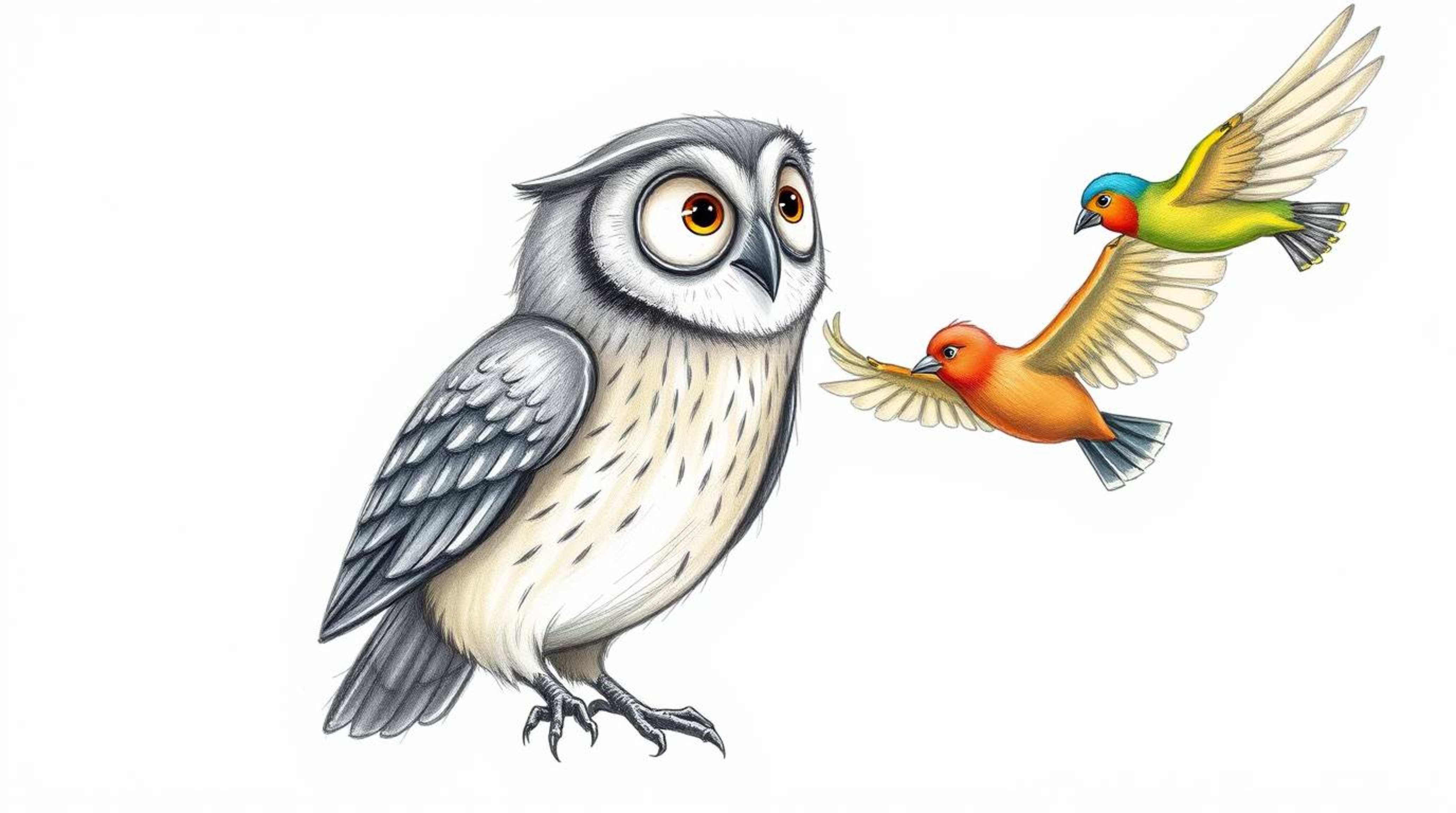 A hand-drawn sketch in the style of Pixar depicts a blind owl with a serene expression guiding a group of brightly colored bi