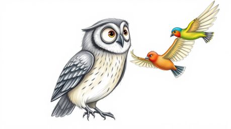A hand-drawn sketch in the style of Pixar depicts a blind owl with a serene expression guiding a group of brightly colored bi