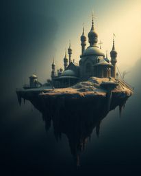 Explore a captivating surreal floating island featuring bizarre architecture, bathed in the dramatic chiaroscuro lighting. Th