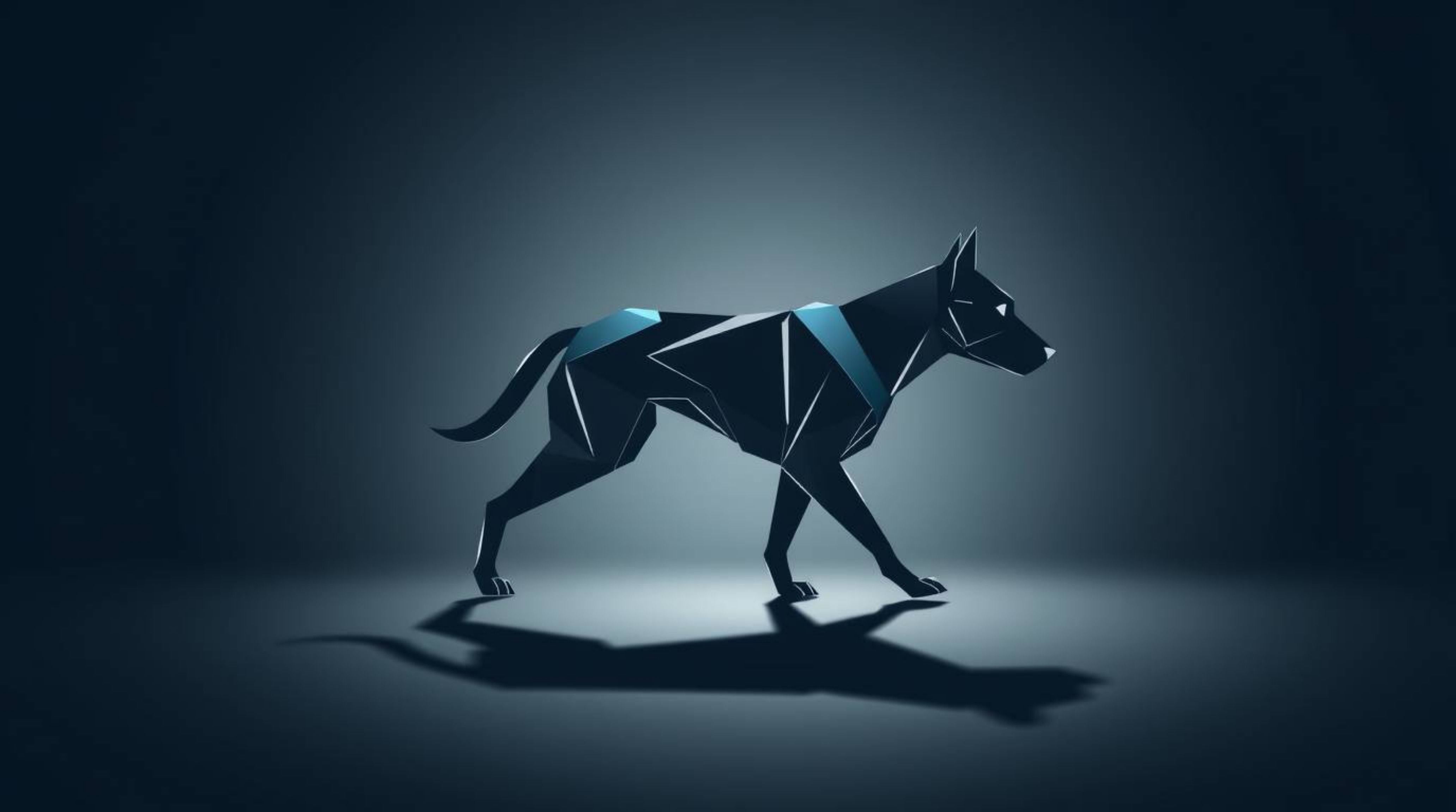 A futuristic dog, autonomously walking itself in the vastness of space, is depicted forming a geometric logo with clean, cris