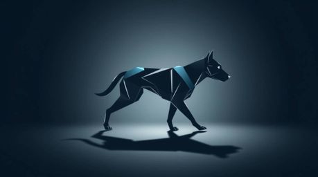 A futuristic dog, autonomously walking itself in the vastness of space, is depicted forming a geometric logo with clean, cris