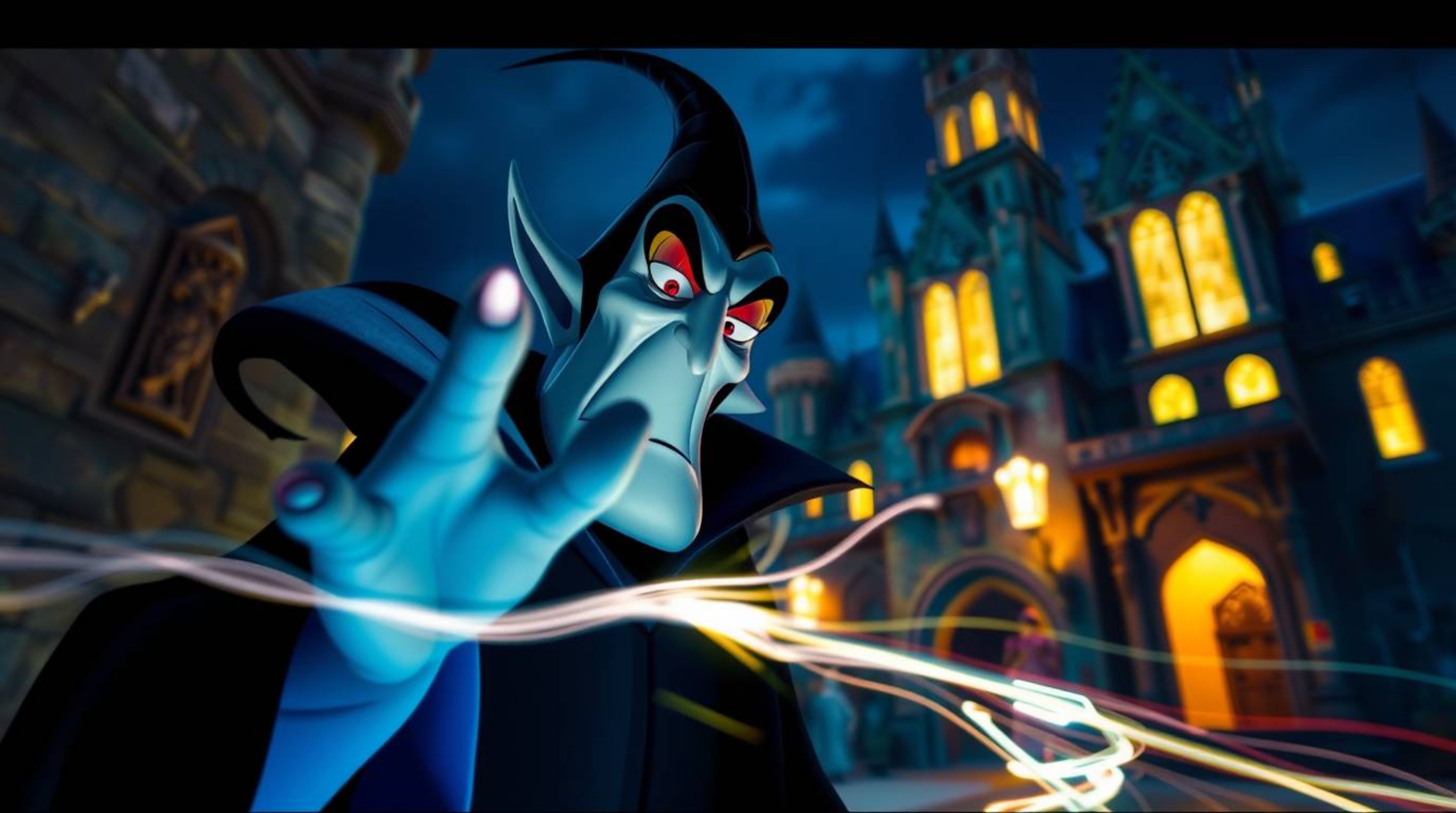 Experience the enchanting and slightly sinister allure of a classic Disney villain conjuring a spell within a bioluminescent,