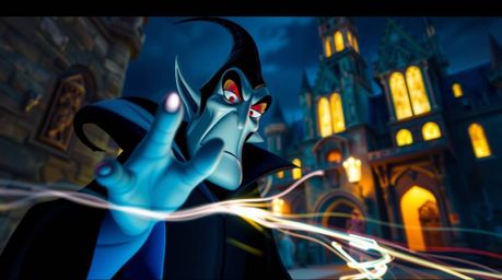 Experience the enchanting and slightly sinister allure of a classic Disney villain conjuring a spell within a bioluminescent,