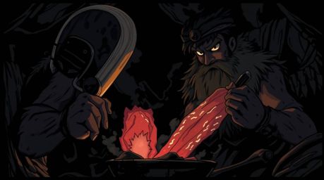 This illustration depicts an isekai anime-style scene in intense jet black, featuring a caveman with expressive eyes deeply f