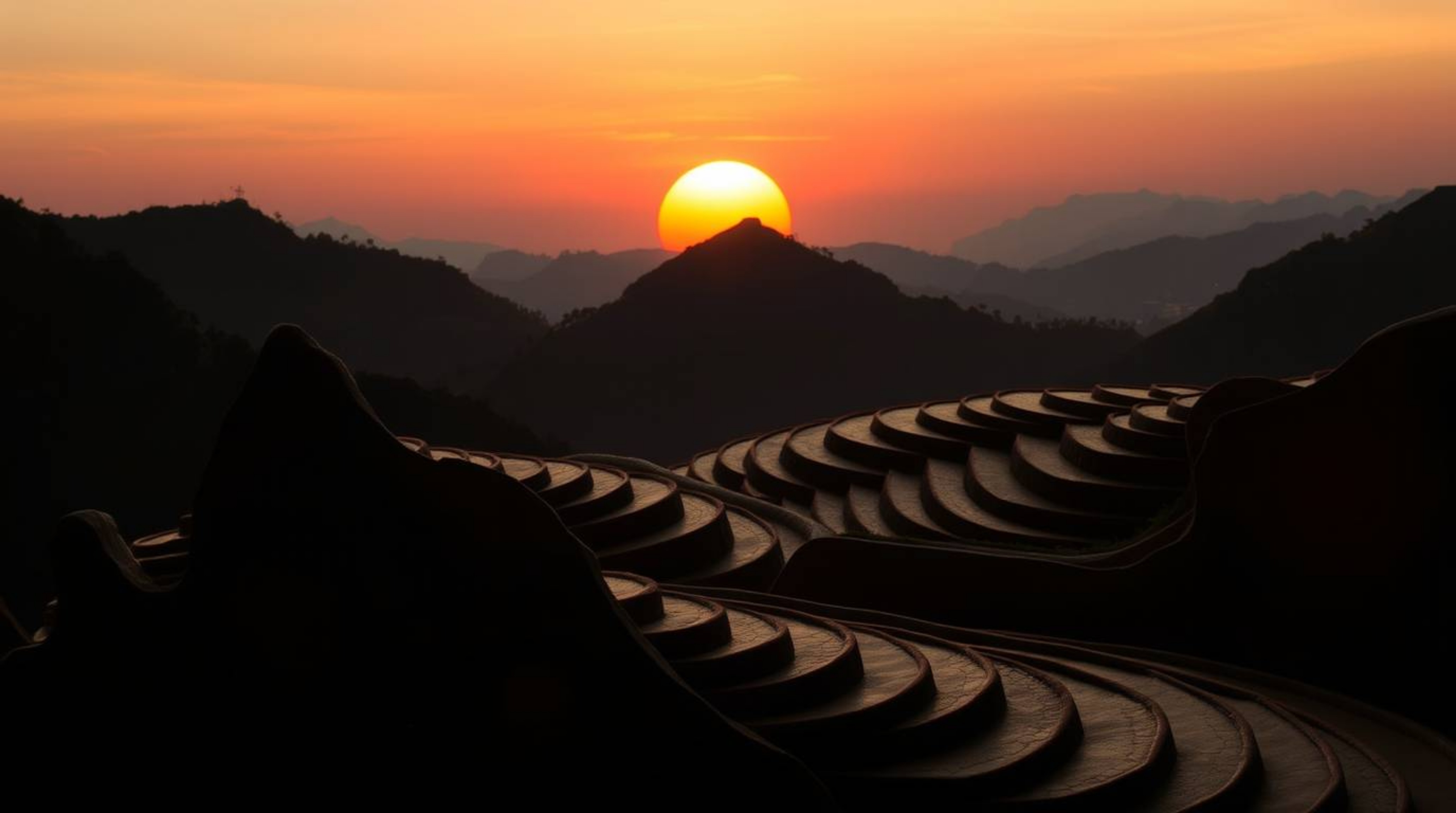 This captivating sculptural clay art piece depicts a mesmerizing silhouetted sunset over lush rice terraces nestled in the mo
