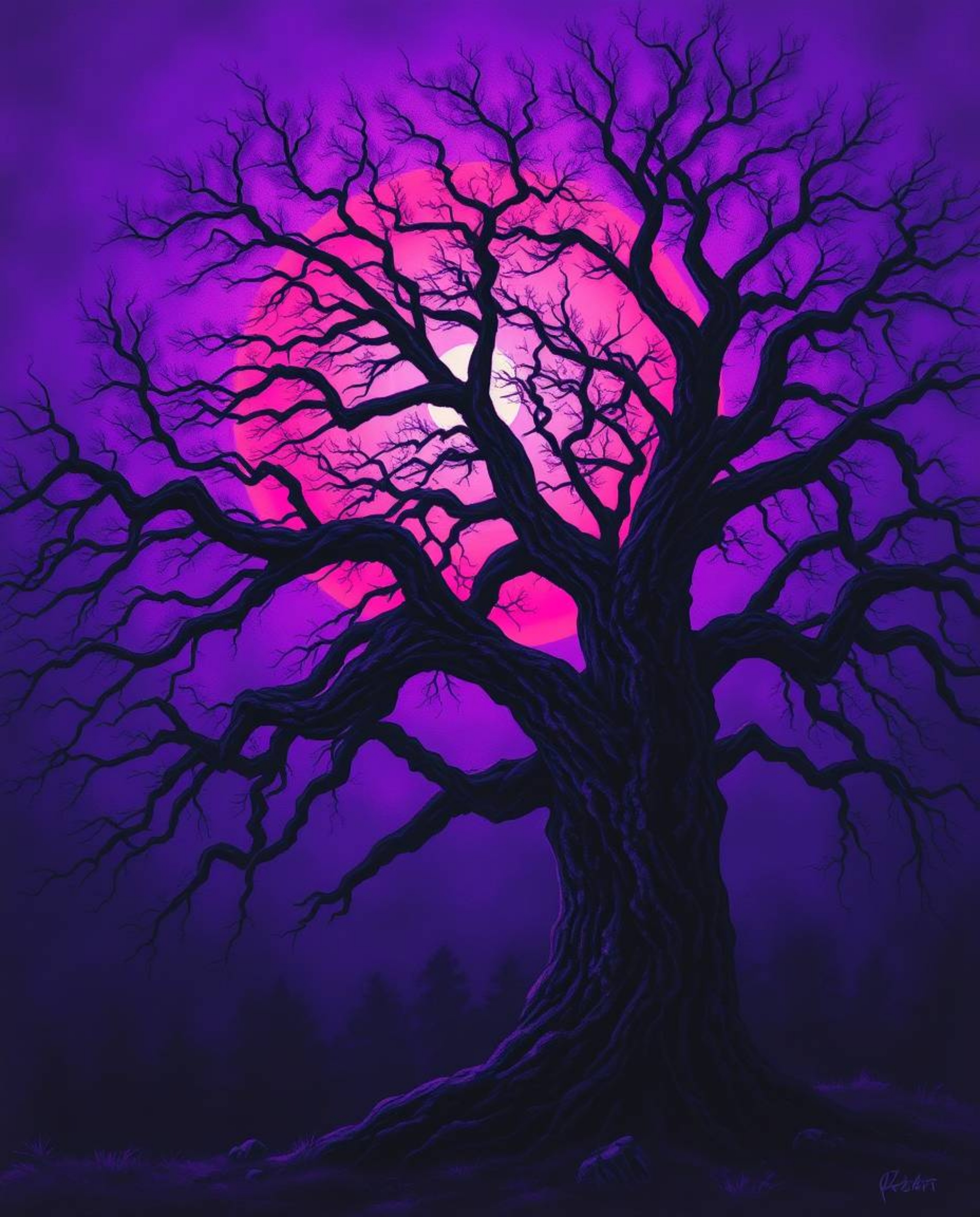 An eerie, creepy atmosphere is captured in an oil painting style, depicting a sunset behind an old oak tree with twisted bran