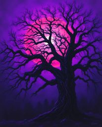 An eerie, creepy atmosphere is captured in an oil painting style, depicting a sunset behind an old oak tree with twisted bran