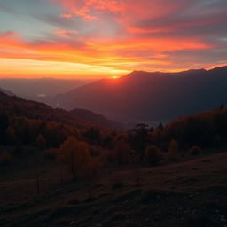 Experience the magic of autumn with warm colors painting a mystic sunset over a quiet mountain valley. Gentle color contrasts