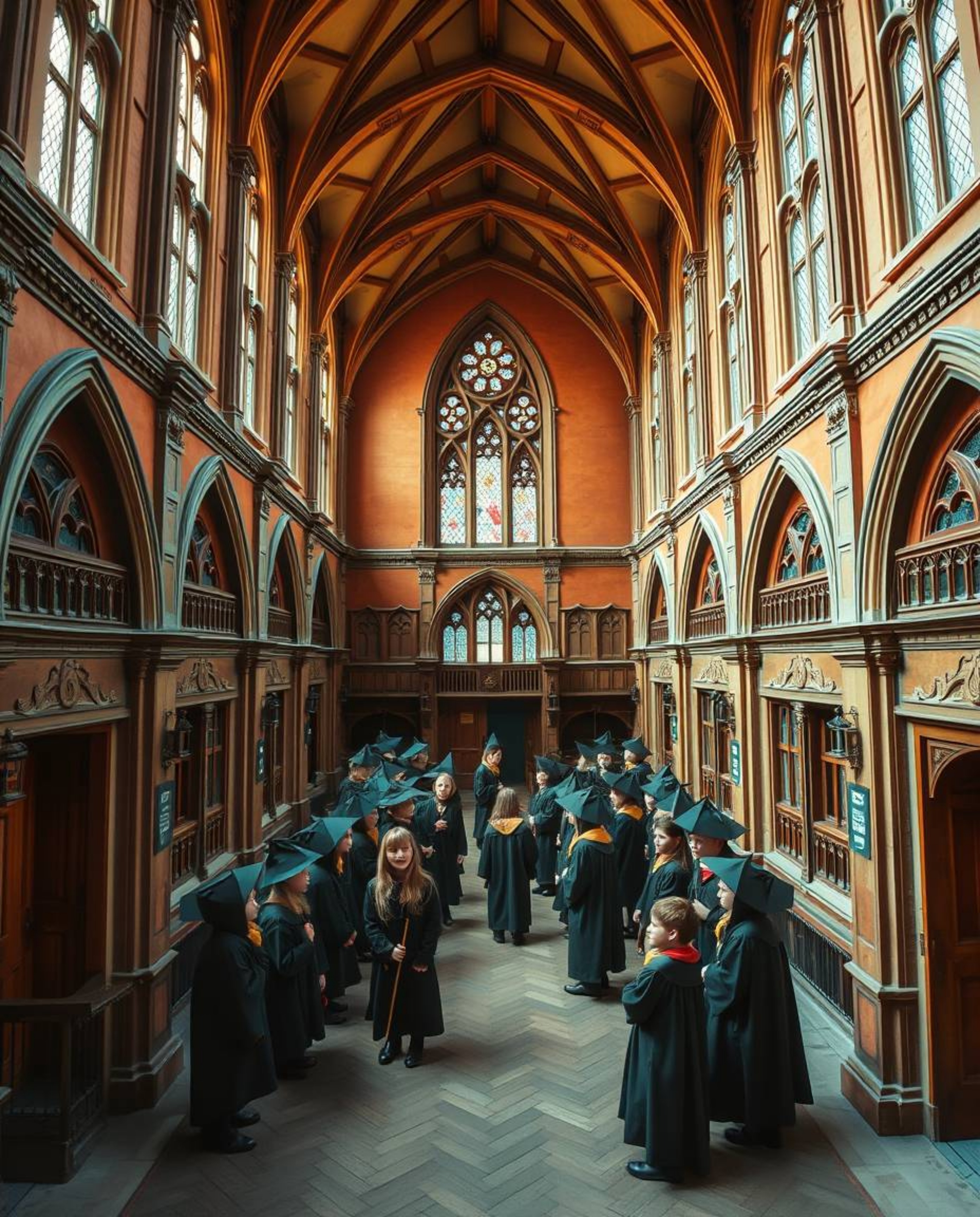 Capture the magic with this high-angle architectural photograph of a vibrant school teeming with young wizards. Showcasing pr