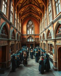 Capture the magic with this high-angle architectural photograph of a vibrant school teeming with young wizards. Showcasing pr