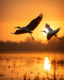 A soft cinematic photograph of herons flying in a golden hour wetlands scene. This image is characterized by a warm golden gl