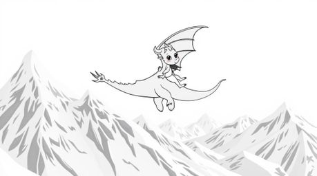 A charming black and white illustration showcases an adorable dragon and its rider soaring gracefully above a breathtaking la
