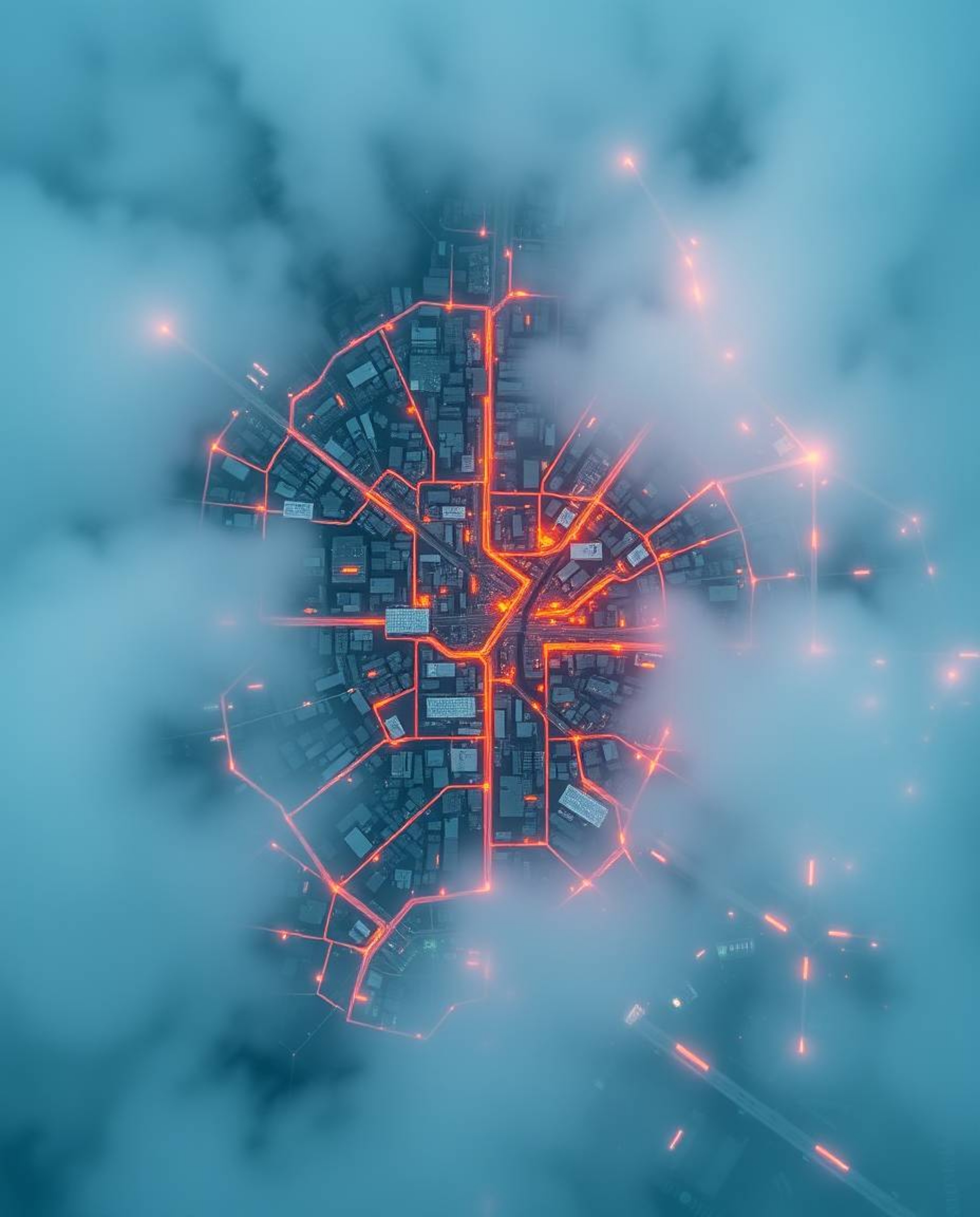An abstract city map featuring vibrant electric colors and geometric shapes.  The top-down perspective showcases a thick fog,