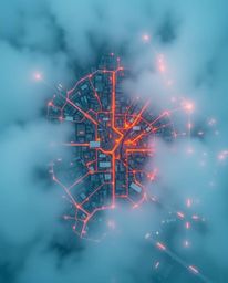 An abstract city map featuring vibrant electric colors and geometric shapes.  The top-down perspective showcases a thick fog,