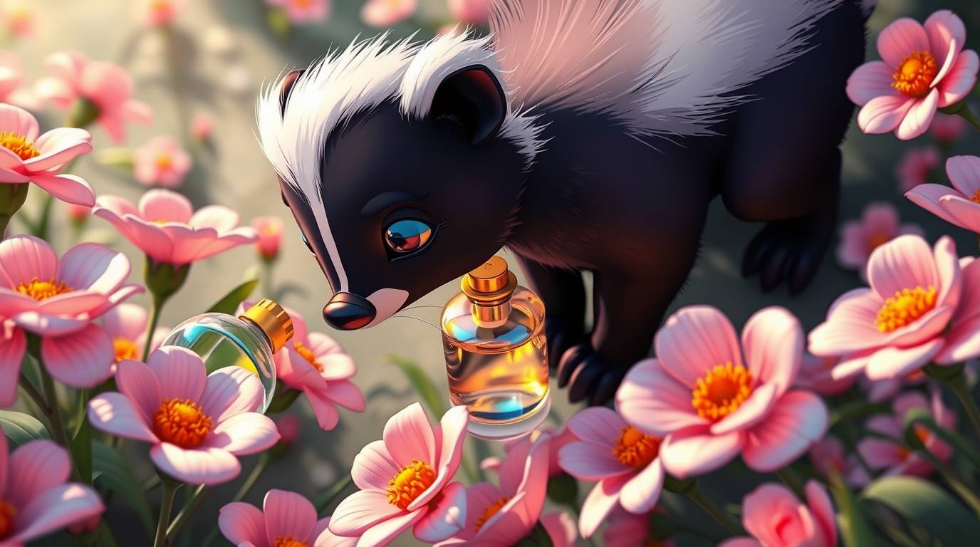 A high-angle perspective showcases a cartoon skunk playfully spraying perfume on flowers, creating a whimsical scene. The ima