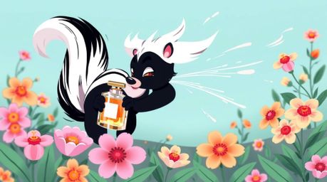 This dynamic illustration features a cartoon skunk playfully spraying perfume onto flowers. Utilizing smooth gradient transi