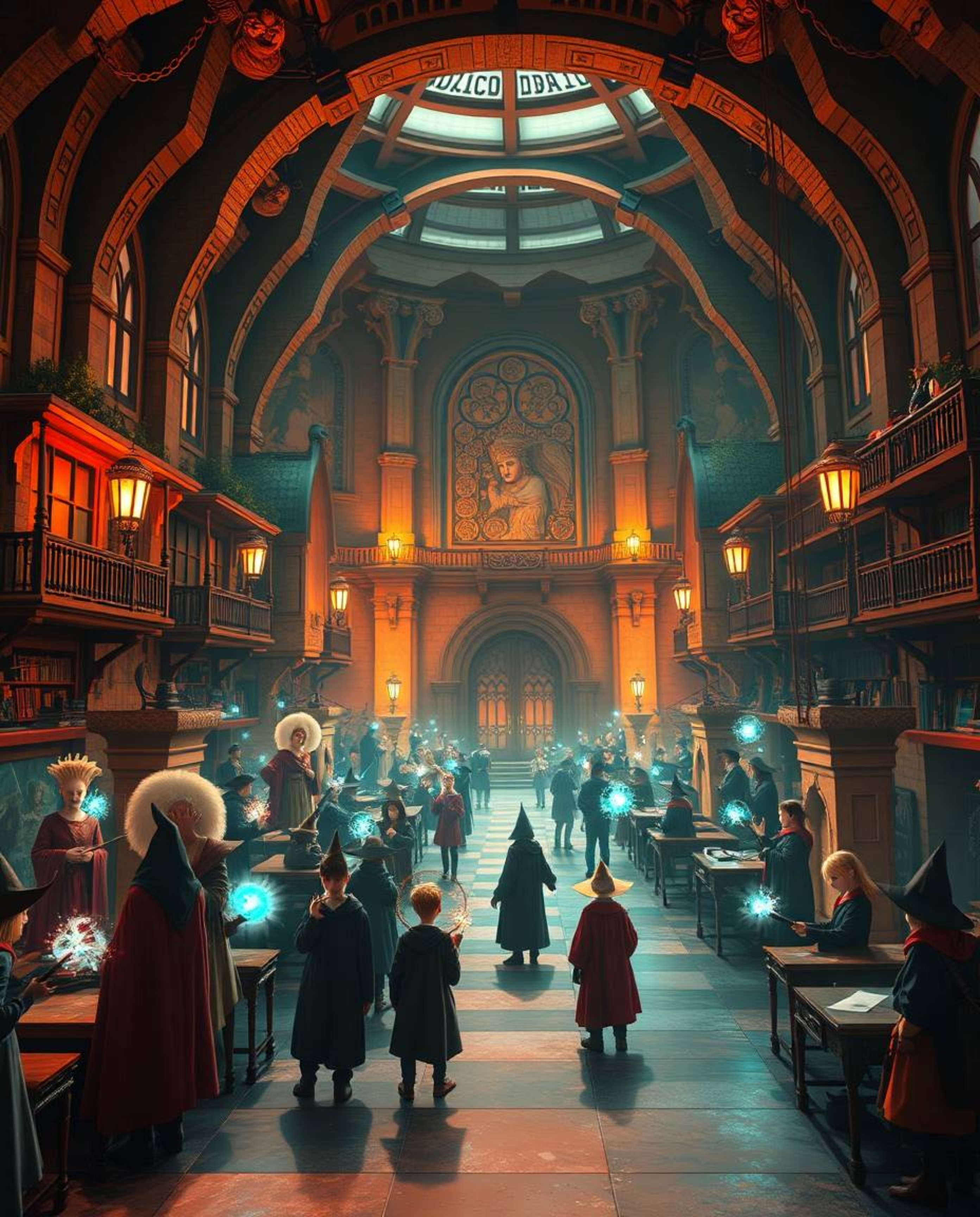 Discover a breathtakingly beautiful, modern magical school teeming with young wizards.  This epic scene features a vibrant co