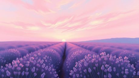 A classic oil painting captures the essence of lavender fields bathed in the soft glow of a dreamy pink sky. Rendered in gent