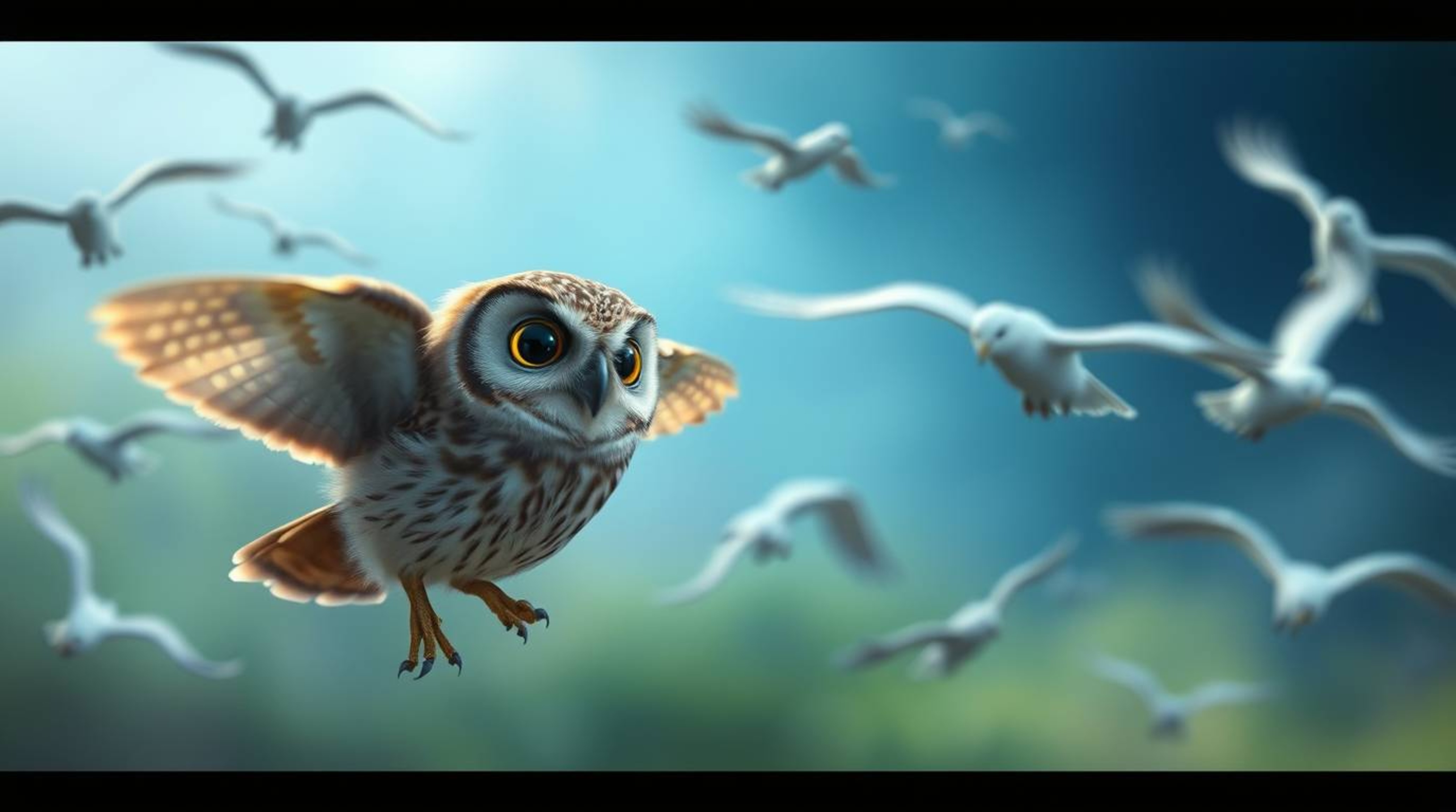 A long exposure cinematic image captures a blind, Pixar-esque owl with gentle features and soft brown feathers as it guides b