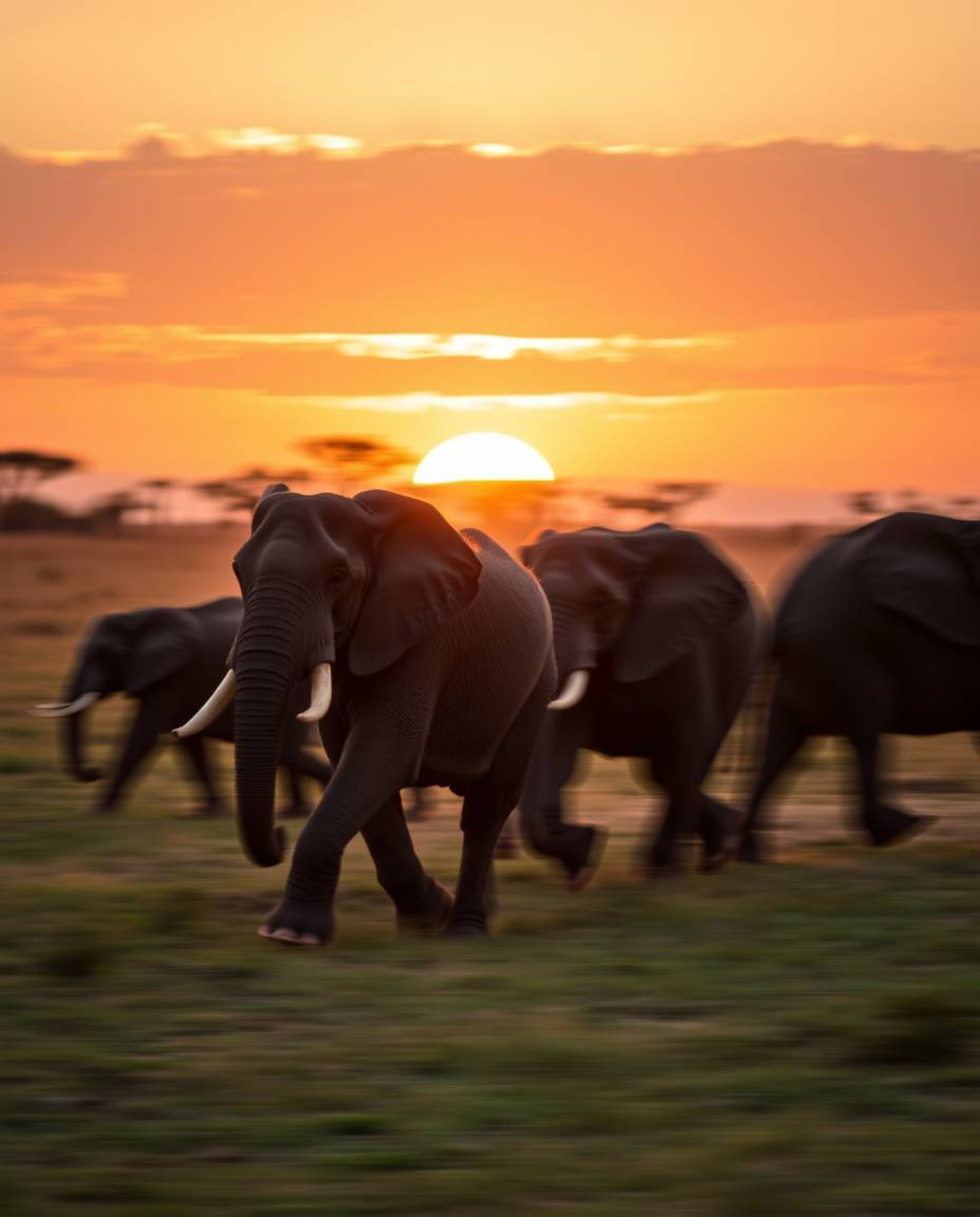 A dynamic photograph of elephants in motion, walking across a field at sunset. The image features blurred lines, action poses