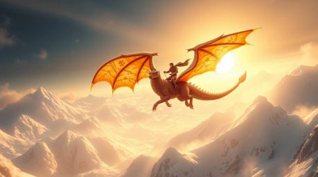 A breathtaking image showcases a radiant dragon and its rider soaring majestically above snow-capped mountains.  Bathed in wa