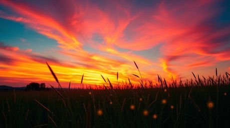 Capture the magic of twilight with this high-resolution stock photo showcasing a vibrant sunset illuminating a tranquil meado