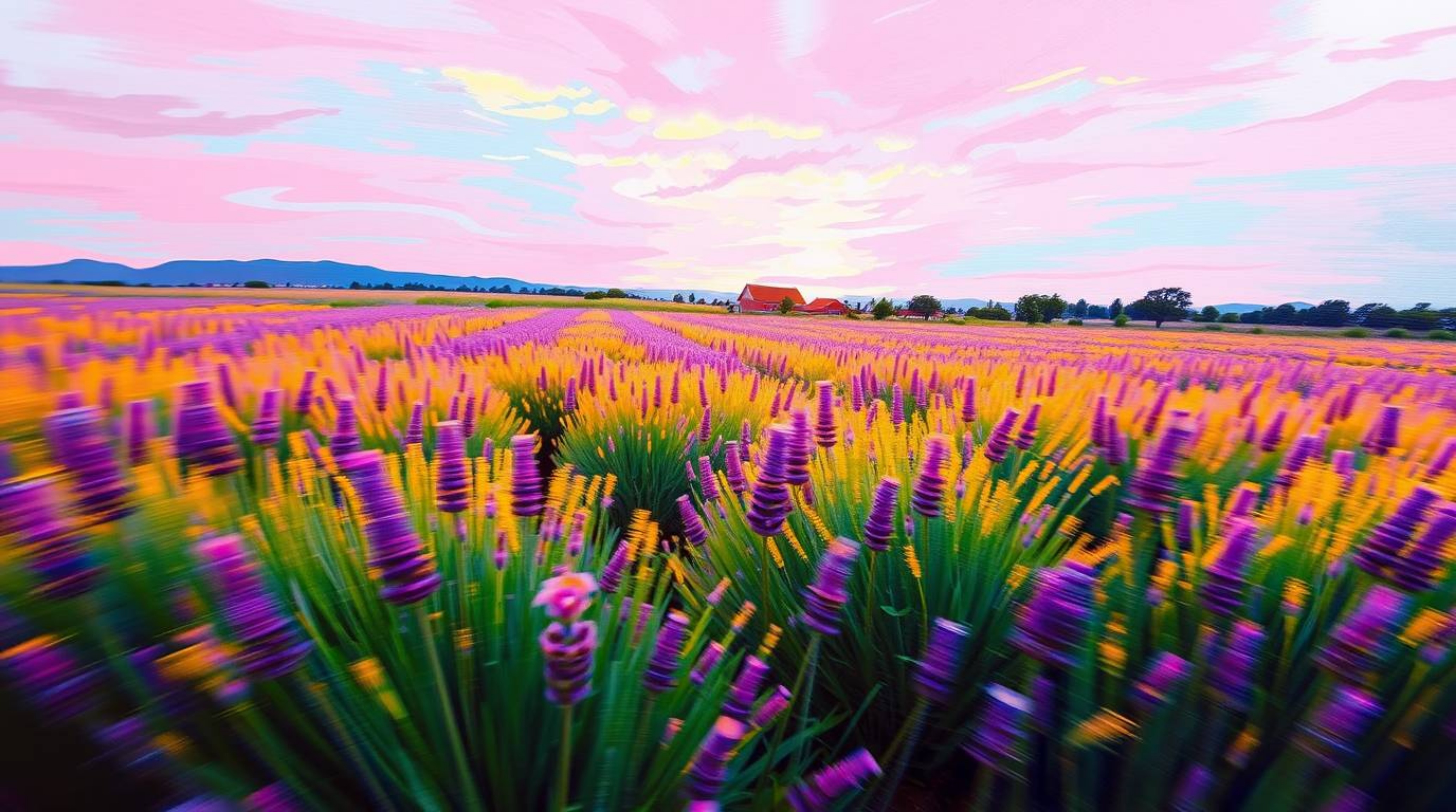 Experience the vibrant energy of lavender fields glowing under a dreamy pink sky in this dynamic painting. Featuring blurred 