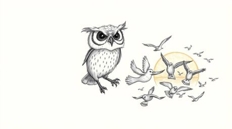 A captivating hand-drawn pencil sketch depicts a blind owl, reminiscent of Pixar animation, with gentle, expressive features.