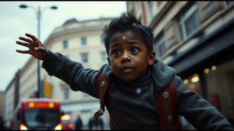 A captivating cinematic street photograph depicts a young dark-skinned boy with a focused gaze, seemingly flying with pixie d