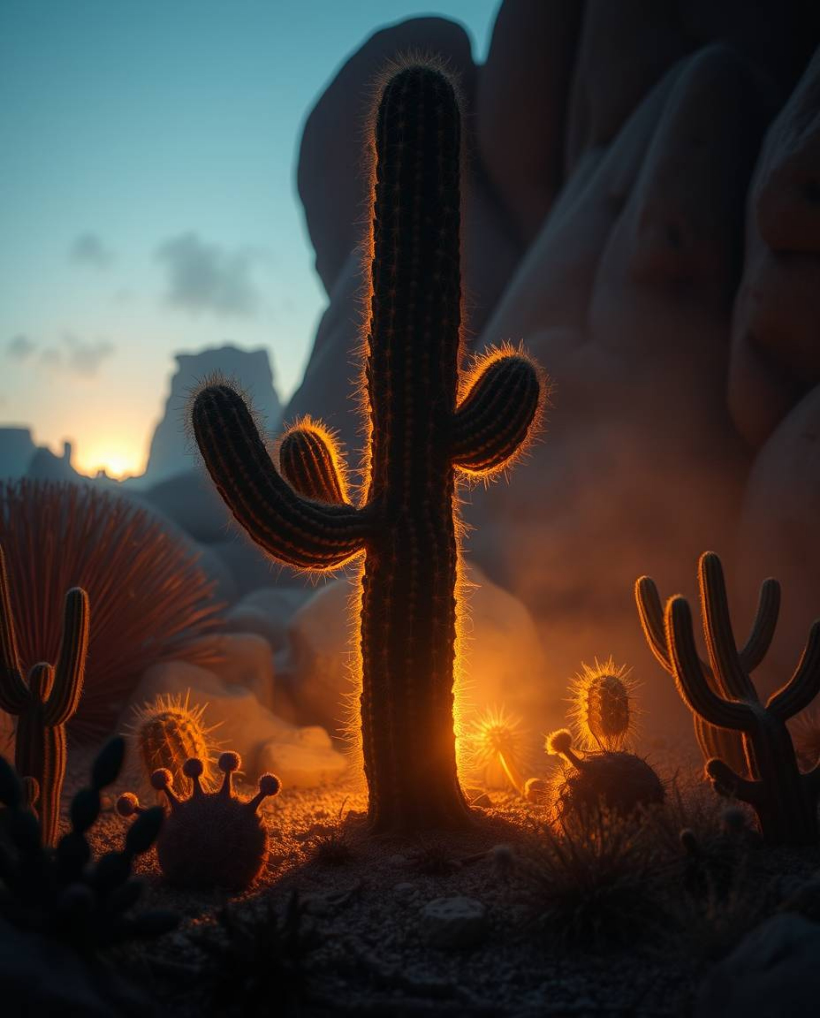 A desert cactus glows softly in the last rays of the sun, nestled within a dreamlike and surreal scene. This imaginative land