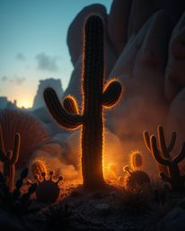 A desert cactus glows softly in the last rays of the sun, nestled within a dreamlike and surreal scene. This imaginative land