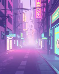 A calming and unique pixelated glitch art image depicting a cyberpunk street scene bathed in soft pastel neon hues.  The gent
