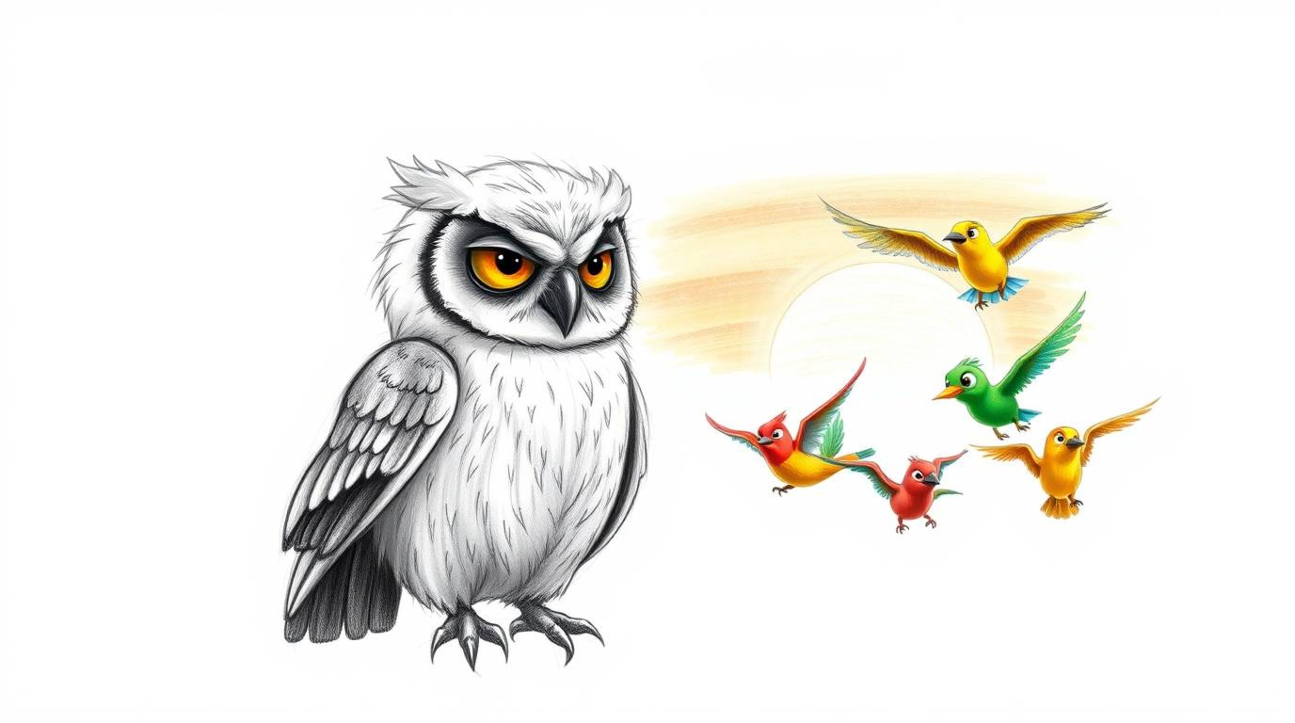 A heartwarming illustration in the style of Pixar depicts a wise, blind, elderly owl with soft, detailed feathers instructing