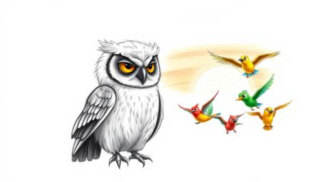 A heartwarming illustration in the style of Pixar depicts a wise, blind, elderly owl with soft, detailed feathers instructing
