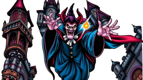 A captivating traditional tattoo art print featuring a classic Disney villain casting a spell within an old castle.  The desi