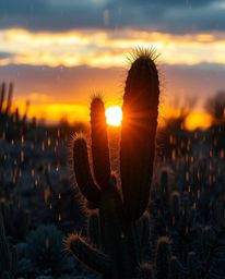 A high-resolution, professional quality stock photo captures a rare and beautiful moment: a desert cactus glowing in the last