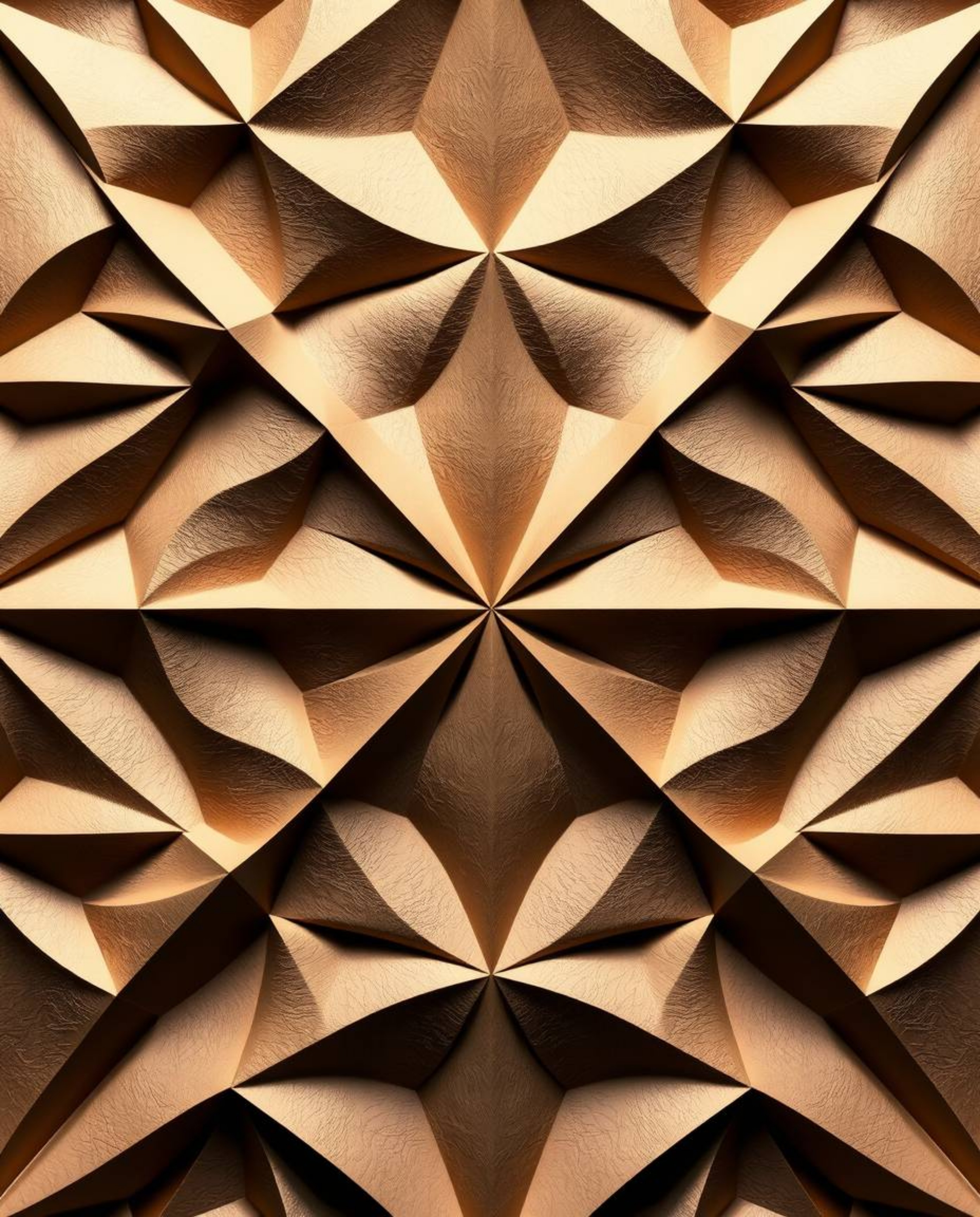 Discover a stunning monochrome 3D geometric pattern resembling elegantly folded paper.  Rendered in muted browns and beiges, 