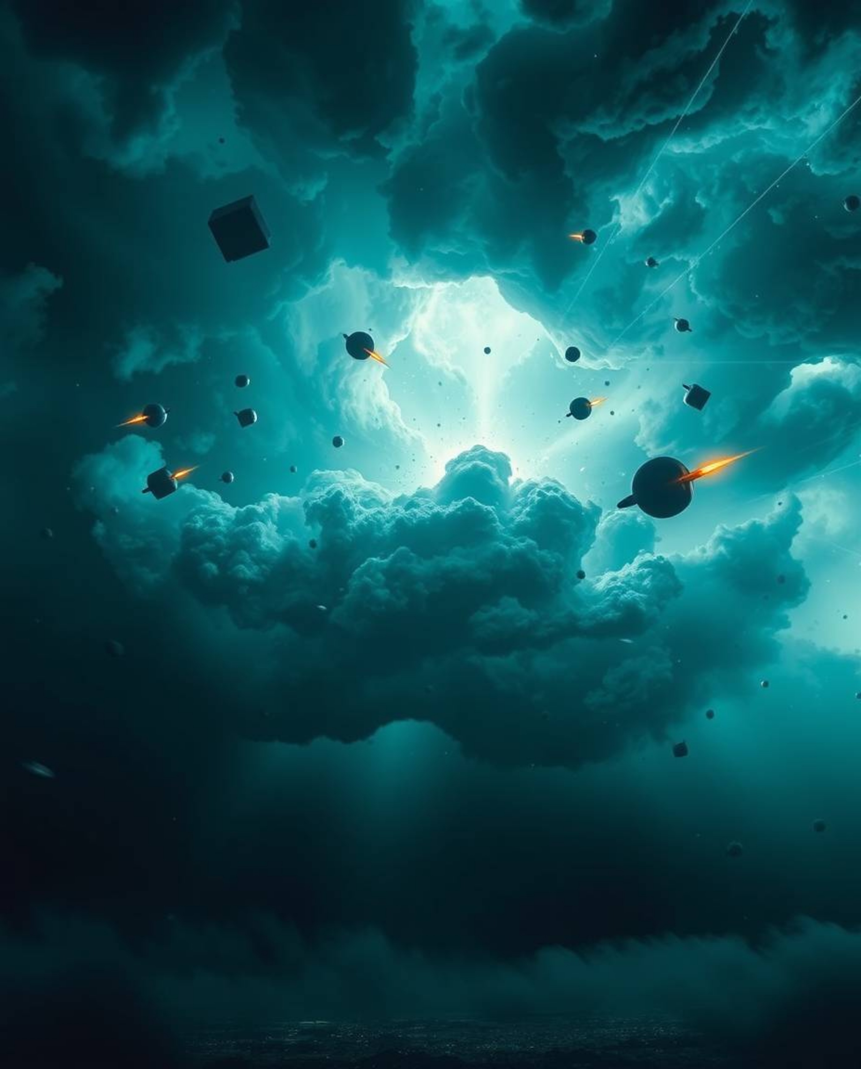 Experience a breathtaking surreal storm filled with flying objects, accentuated by mesmerizing volumetric lighting and a rich