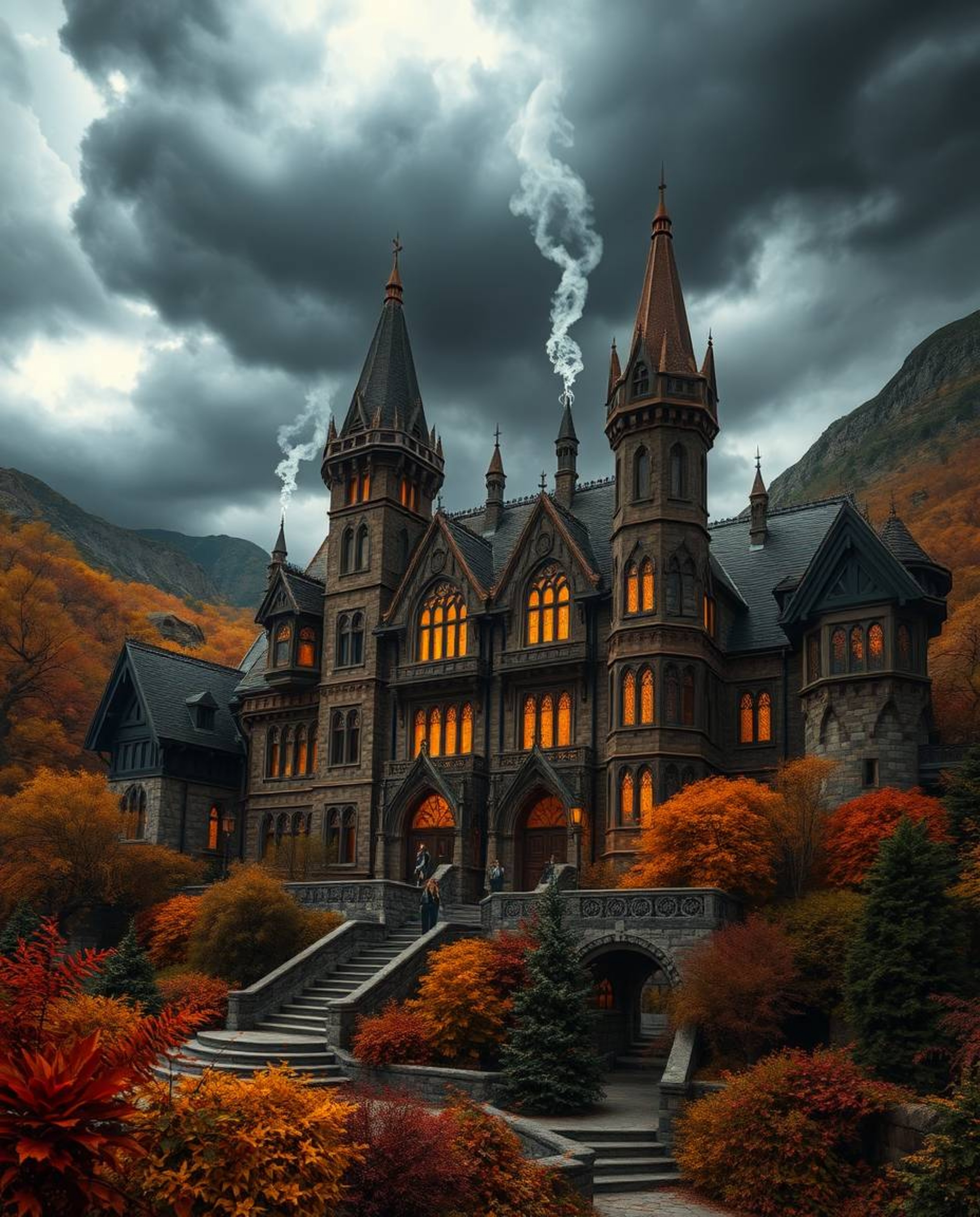 Explore a magical school brimming with young wizards, peacefully located in a serene earthy environment beneath a dramatic, s