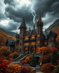 Explore a magical school brimming with young wizards, peacefully located in a serene earthy environment beneath a dramatic, s