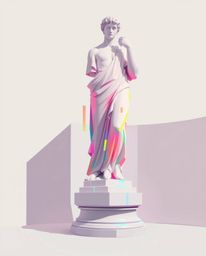 A captivating digital painting showcases a classical sculpture rendered in a modern flat design style, infused with a vibrant
