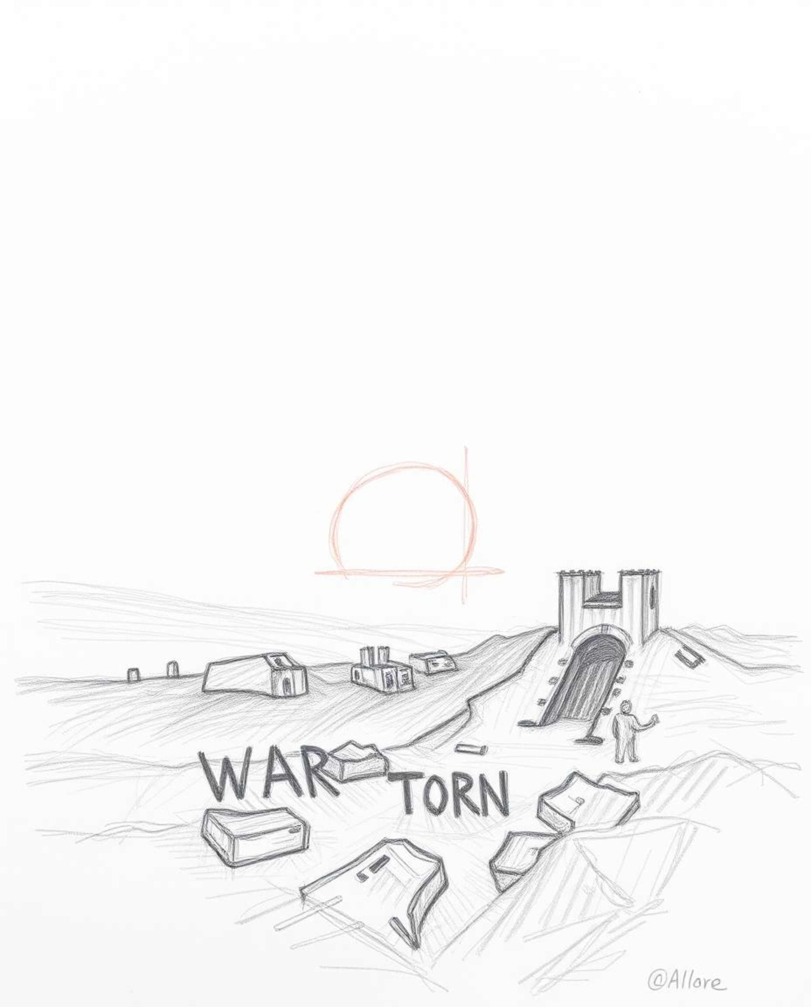This artwork depicts a hand-drawn sketch of a sunrise over a war-torn landscape, rendered with rough textured pencil strokes 