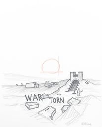 This artwork depicts a hand-drawn sketch of a sunrise over a war-torn landscape, rendered with rough textured pencil strokes 